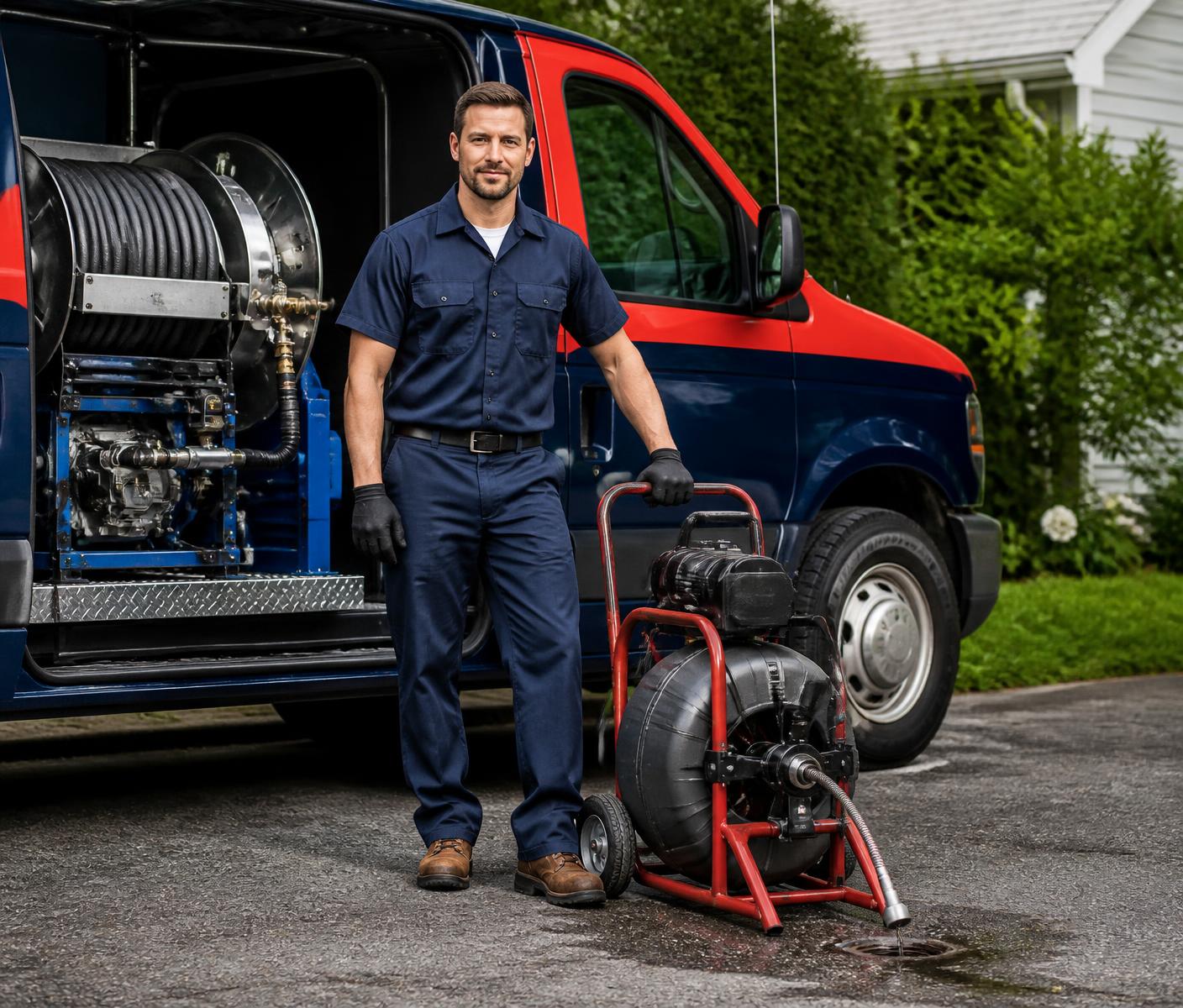 Uniformed 1 Minute Drain technician with hydro-jetting equipment and drain cleaning machine beside a service van